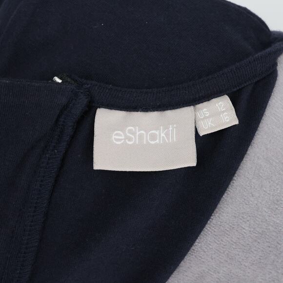 eShakti Dress Womens 12 Navy Blue Cotton Stretch Knit Zip Faux Wrap V Neck - Picture 3 of 12